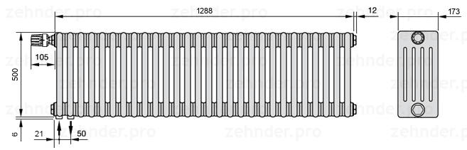 Схема (чертеж) Радиатор Zehnder Charleston 5050/28 №V001 Белый глянцевый RAL 9016